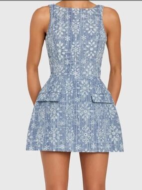 Amanda Uprichard Clarissa Embroidered Chambray Romper Blue Floral Sz M